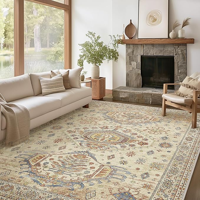 3x5 Area Rugs for Living Room, Machine Washable Rug Non Slip, Vintage Chenille Distressed Print Carpet, Large Low Pile Ultra-Thin Lightweight Rugs for Bedroom, Dining Room, Office Light Brown
