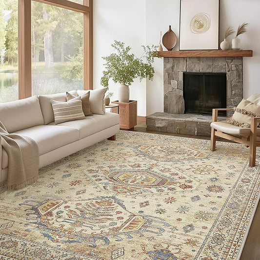 3x5 Area Rugs for Living Room, Machine Washable Rug Non Slip, Vintage Chenille Distressed Print Carpet, Large Low Pile Ultra-Thin Lightweight Rugs for Bedroom, Dining Room, Office Light Brown