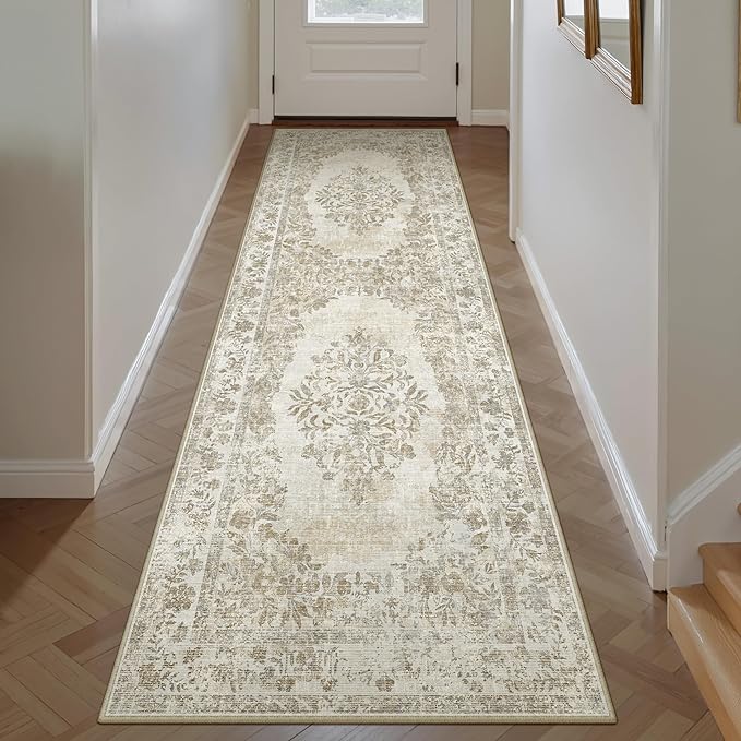 2x6 Runner Rug Beige Washable Hallway Kitchen Bedroom Vintage Distressed Bathroom Non Slip Medallion Floral Carpet Indoor Retro Throw Floor Mat for Office Dining Laundry Living Room