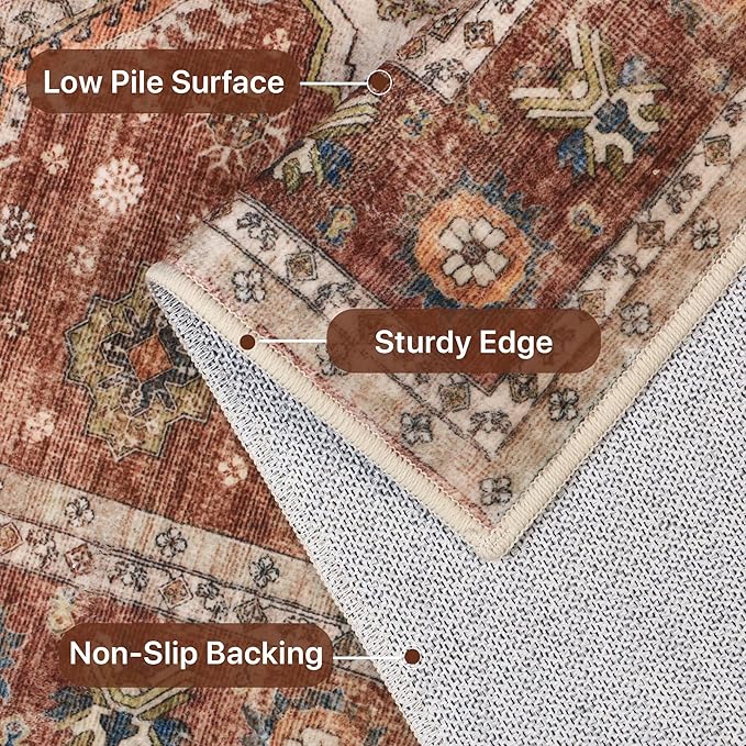 Area Rugs for Living Room 9x12 Machine Washable Rug, Vintage Large Floral Medallion Carpet for Bedroom Dining Room, Low Pile Lightweight Thin Chenille Non Slip Rug, Distressed Dull Red