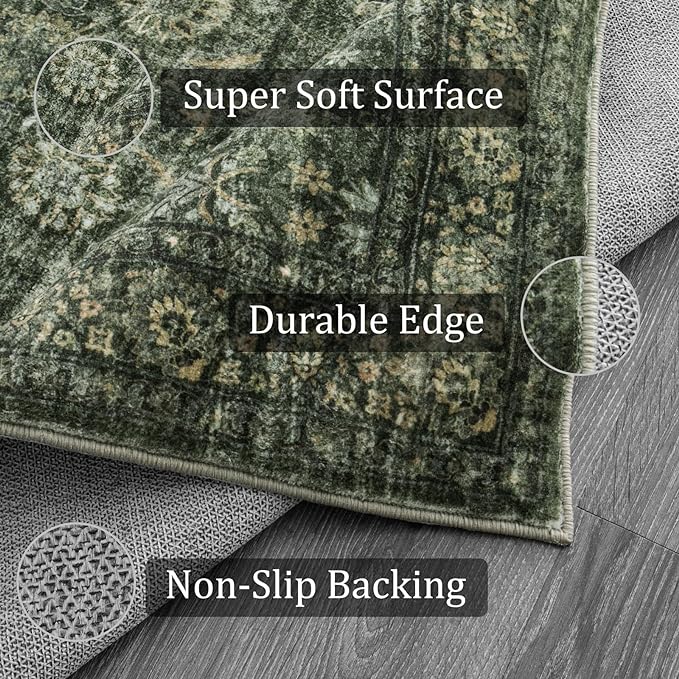 Morebes Washable Dark Green Runner Rug 2x8, Vintage Boho Runners for Hallways Non Slip, Soft Floral Indoor Floor Throw Carpet for Kitchen Laundry Room Bedroom Bathroom Living Entryway