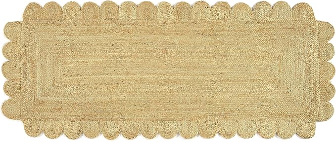 GRUHUM Scalloped Jute Runner Rug 2'6"x4'ft Natural Fibre Rectangular Boho Reversible Handwoven Soft Rustic Vintage Farmhouse Jute Area Rug Indoor EcoFriendly Livingroom Kitchen Hallways Enterways