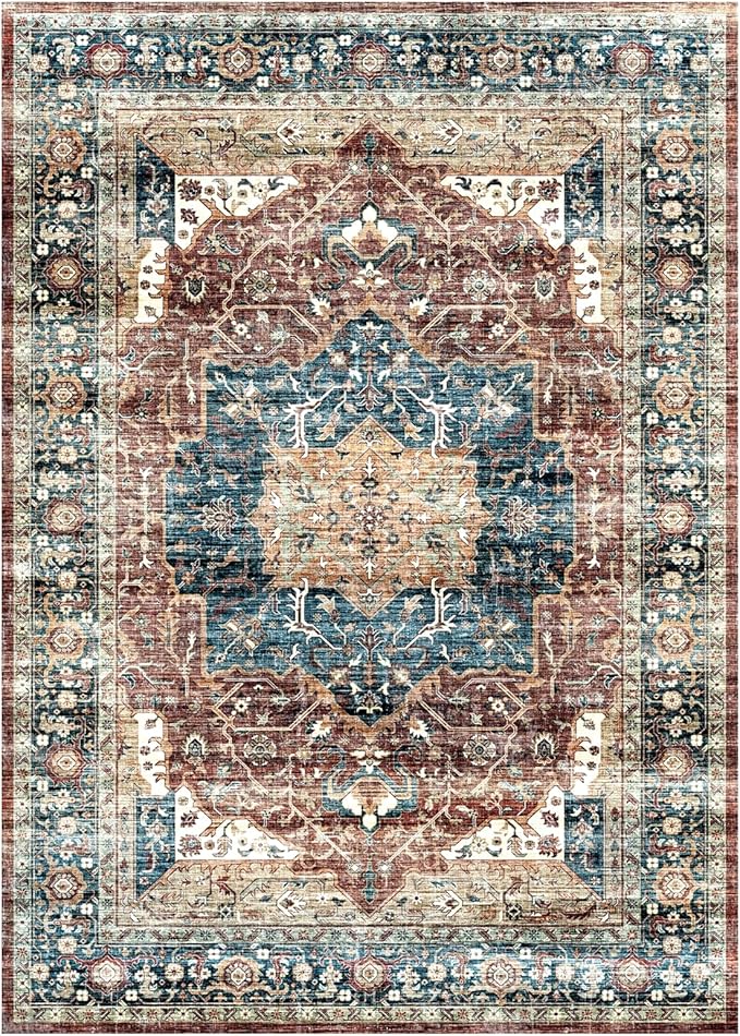 Vintage Area Rug, Washable Rugs 3x5 for Bedroom, Small Distressed Medallion Rug for Kitchen Entryway Bathroom Living Room Office Carpet