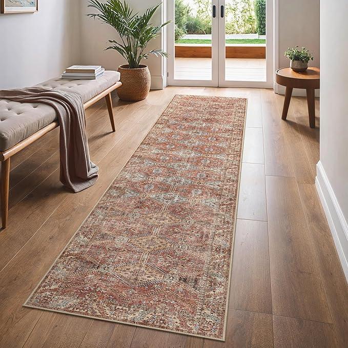 Bavni 2x10 Runner Rug Non Slip, Machine Washable Rug Runners for Hallways, Vintage Distressed Print Kitchen Runner, Low Pile Lightweight Carpet for Entryway Laundry Bedroom Bathroom Spice Sky