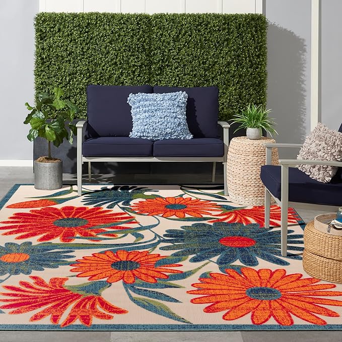 Nourison Aloha Indoor/Outdoor Ivory Multicolor 12' x 15' Area Rug, Easy Cleaning, Non Shedding, Bed Room, Living Room, Dining Room, Backyard, Deck, Patio (12x15)