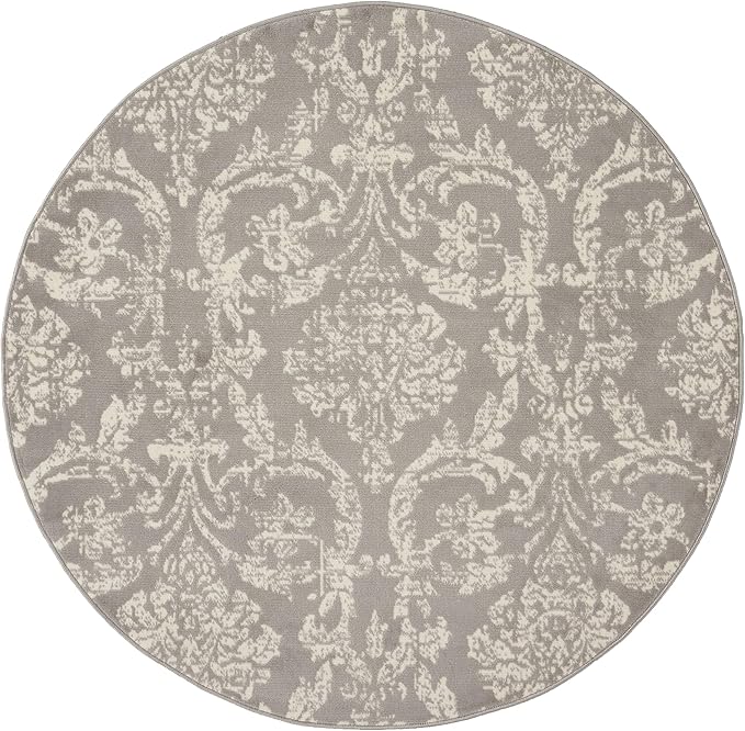 Nourison Jubilant Damask Grey 5'3'' x Round Area-Rug, Easy-Cleaning, Non Shedding, Bed Room, Living Room, Dining Room, Kitchen (5 Round)