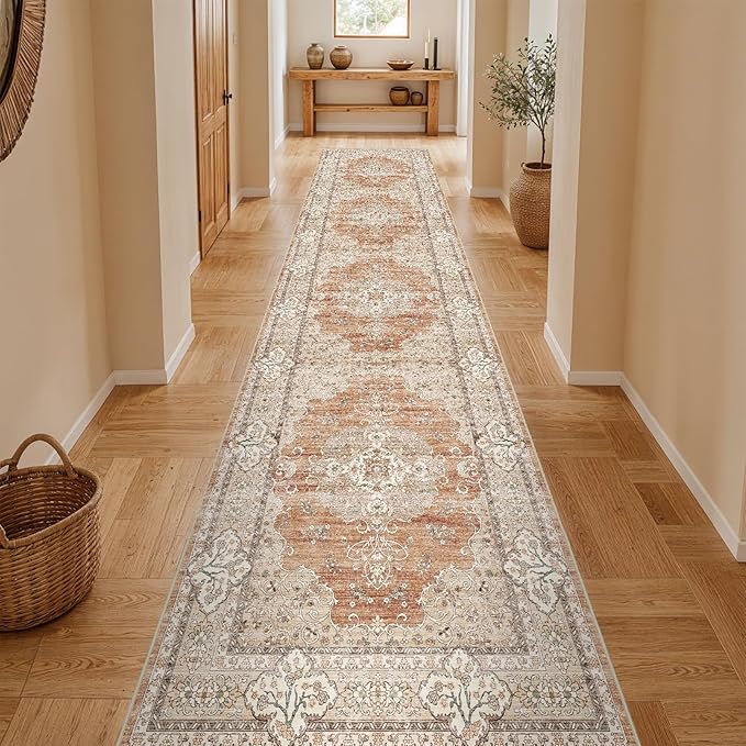 3x14 Runner Rug for Hallway Washable: Non Slip Kitchen Rugs with Rubber Backing Soft Waterproof Mats Stain Resistant Indoor Vintage Carpet Runner for Bedroom Bathroom Laundry Entryway Brick/Terracotta