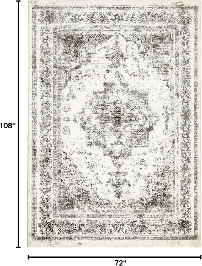 Washable Rug 6x9 Area Rug for Living Room Gray Vintage Boho Medallion Large Grey Distressed Retro Carpet Non Slip Indoor Low Pile Small Soft Bedroom Dining Room Home Office