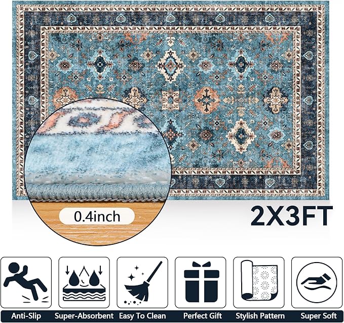 2x3 Area Rugs, Washable Entry Rug Indoor Door Mat Stain Resistant Non-Slip Non-Shedding Carpet Vintage Boho Rug Small Bath Mat Low Pile Rug for Entryway Kitchen Laundry Bathroom