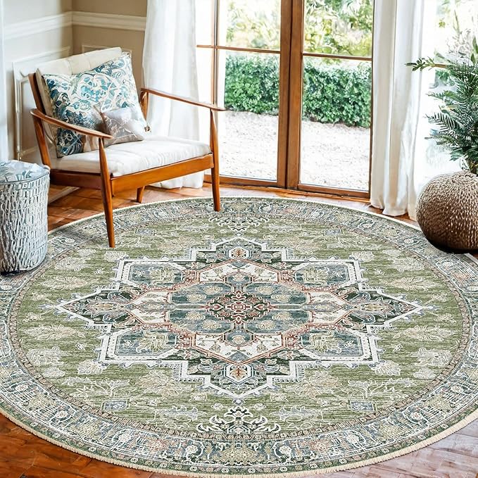 BESTSWEETIE 6ft Area Rugs for Living Room Washable Non Slip Carpet Low Pile Soft Vintage Print Pattern Rug for Bedroom Dining Room Kitchen Entryway Indoor-Green/Light tan/Blue/Grey