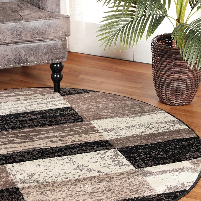 Superior Indoor Area Rug, Jute Backing, Plush Modern Rugs for Entryway, Kitchen Floors, Office Floor Cover, Color Block Rugs, Rockwood Collection, 5' Round, Chocolate