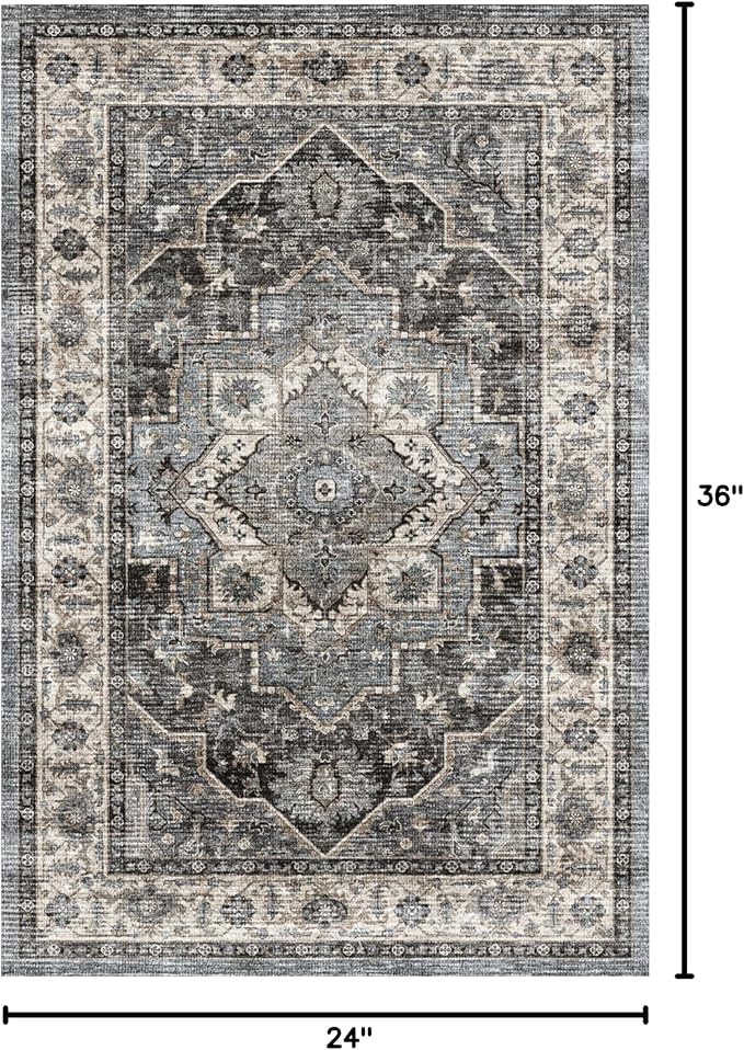 Dripex 2x3 Area Rugs, Machine Washable Non Slip Boho Rugs,Distressed Small Entryway Rug Doormat, 0.24" Low Pile Vintage Rug, Floor Carpet for Front Entrance Kitchen Bathroom,Dark Blue and Green