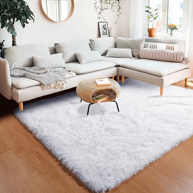RUGTUDER 6x9 Area Rug for Bedroom, White Fluffy Rugs for Living Room, Upgrade Anti-Slip Soft Shag Fuzzy for Kids Girls Boys Baby Nursery Room Decor, Furry Large Carpet Room Decor Aesthetic