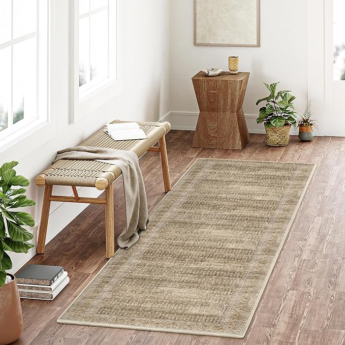 Brown 2x6 Area Rug Runners for Hallways Washable Vintage Distressed Carpet Low Pile Non Slip Indoor Retro Soft Long Accent Rug Bedroom Kitchen Bathroom Laundry Dining Living Room