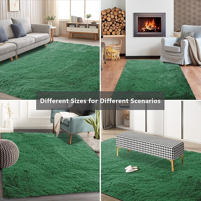 Shag Area Rugs for Bedroom Living Room,5X8 Ultra Soft Fluffy Area Rugs for Dorm,Indoor Carpet Nursery Rugs for Kids Girls Room Home Decor, Dark Green