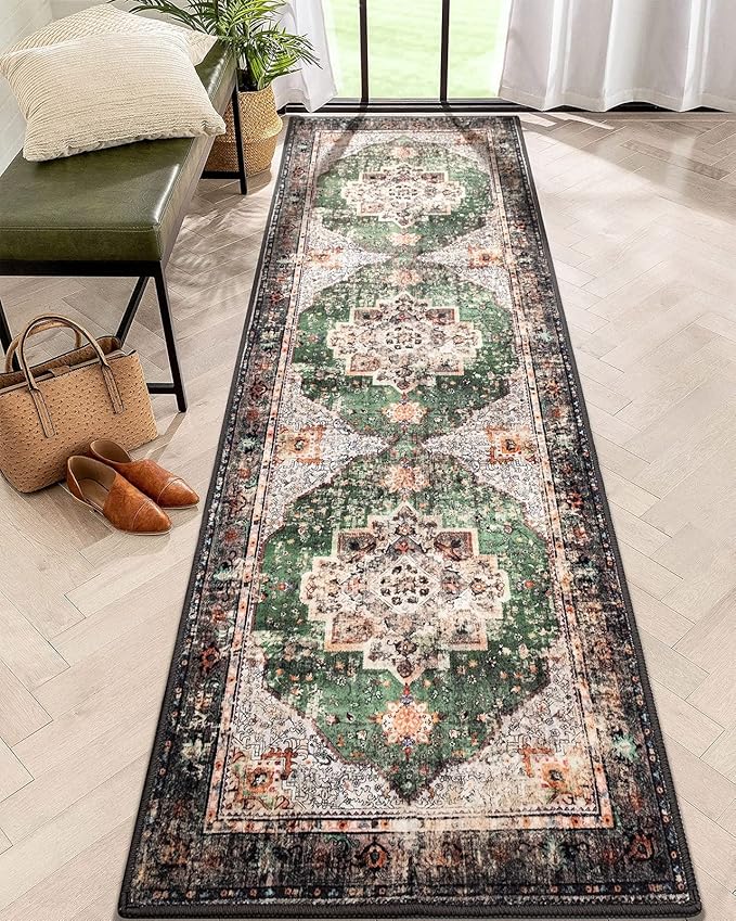 2x8 Runner Rug Green Boho Area Rugs for Hallway Indoor Laundry Room Bathroom Lightweight Non Slip Vintage Rug Washable Retro Distressed Carpet