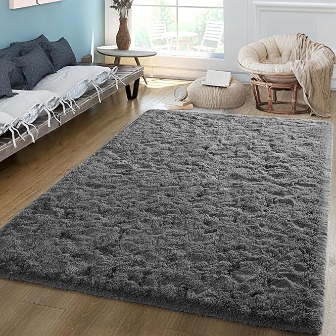 Grey Rug for Bedroom, 5x7 Fluffy Area Rugs for Kids Playroom, Furry Carpet for Nursery Room, Shaggy Rug for Teen Living Room, Thick Fuzzy Plush Rug for Dorm, Cute Room Decor for Baby