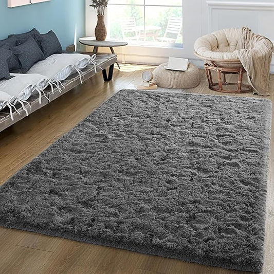 Grey Rug for Bedroom, 5x7 Fluffy Area Rugs for Kids Playroom, Furry Carpet for Nursery Room, Shaggy Rug for Teen Living Room, Thick Fuzzy Plush Rug for Dorm, Cute Room Decor for Baby