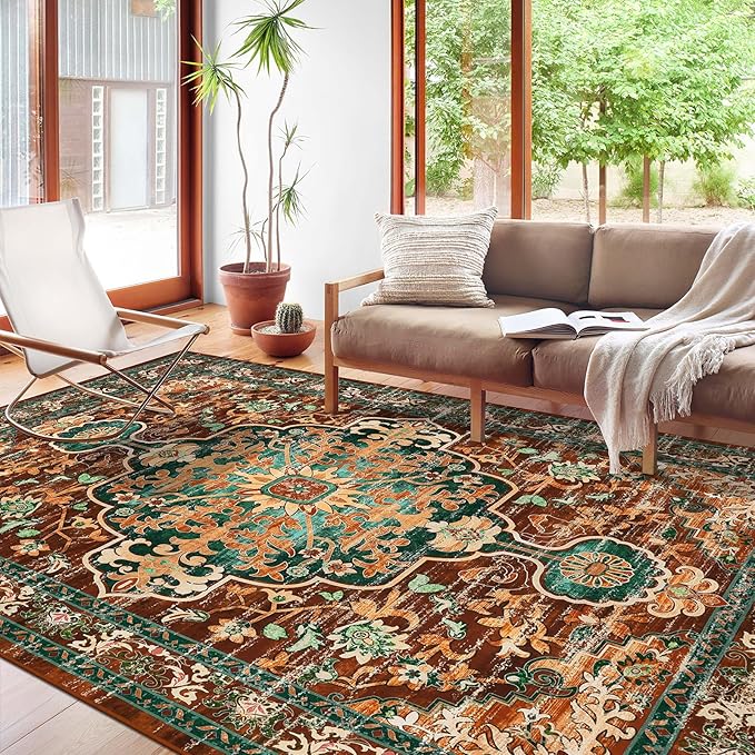 U'Artlines Boho Vintage Area Rug 8x10 Machine Washable Low Pile Ultra-Thin Soft Floor Carpet Non Slip Non Shedding Accent Rug for Living Room Bedroom Entryway Dining Room Office(Rust＆Teal)