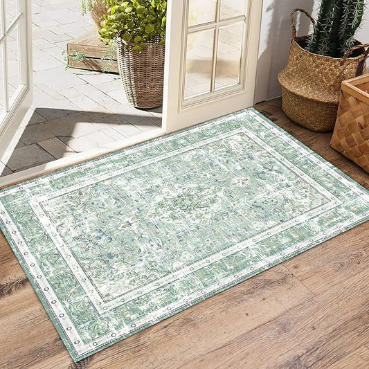 Vhong Boho Area Rugs Washable Vintage Modern Neutral Small Carpet Sage Green 2×3 High Traffic Rugs Doormat for Bathroom Kitchen Entryway Non Slip