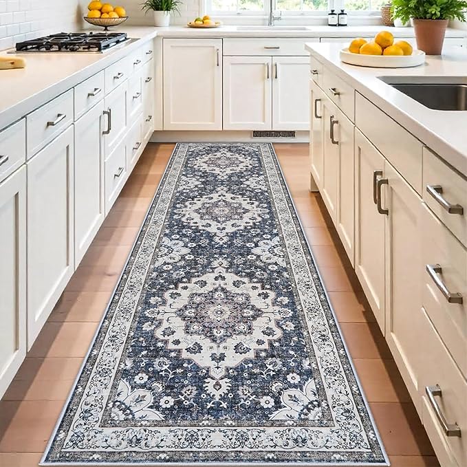 3x10 Washable Hallway Runner Rugs: Vintage Stain Resistant Rug for Kitchen Floral Living Room Bedroom Carpet with Non-Slip Backing Soft Low Pile Farmhouse Floor Mats for Entrance Laundry (3x10,Blue)