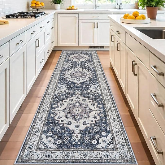 3x10 Washable Hallway Runner Rugs: Vintage Stain Resistant Rug for Kitchen Floral Living Room Bedroom Carpet with Non-Slip Backing Soft Low Pile Farmhouse Floor Mats for Entrance Laundry (3x10,Blue)