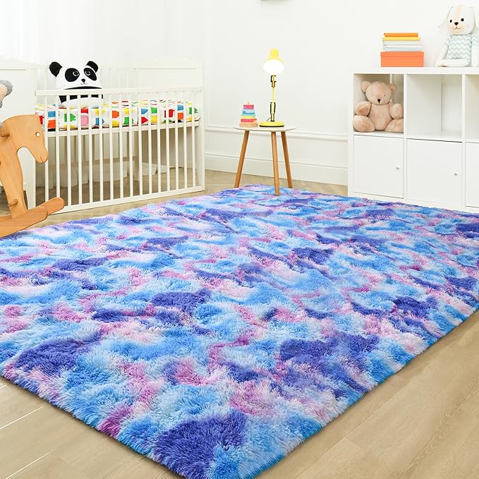 Tepook Soft Rainbow Rug for Girls Room, Cute Fluffy Bedroom Rug, 5x8 Feet Shaggy Princess Colorful Carpet for Kids Teens Toddler Playroom Nursery Reading Nook, Blue
