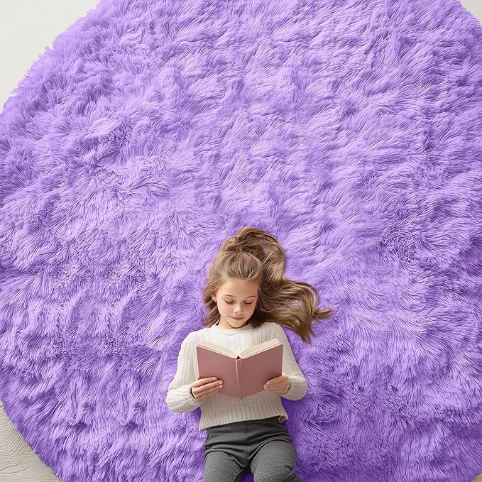 OLANLY Purple Round Rugs for Bedroom - Machine Washable, 9x9 Feet Circle Area Rugs for Living Room, Soft and Fluffy Shaggy Carpet for Teen Girls and Boys, Nursery Rooms, Dorms, Home Decor Aesthetic