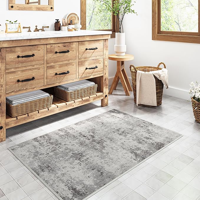 4x6 Washable Rug Grey Entryway Rugs Hallway Area Rug Abstract Non Slip Low Pile Carpet for Bedroom Living Room Office Kitchen Laundry Room
