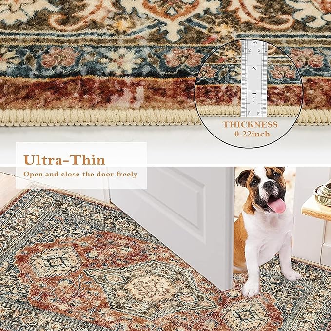 Lahome Oriental Hallway Runner Rug Non Slip, 2.5x8 Kitchen Washable Runner Soft Hallway Rug, Traditional Ultra-Thin Carpet for Bathroom Entryway ‎Laundry Room, Brick Red