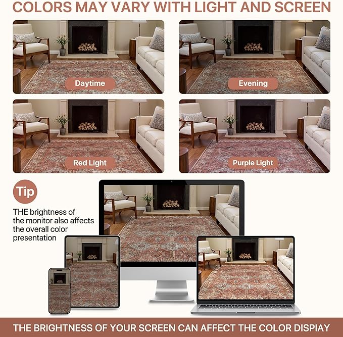 Bavni 4x6 Area Rugs for Living Room, Machine Washable Rug Non Slip, Vintage Chenille Distressed Print Carpet, Large Low Pile Ultra-Thin Lightweight Rugs for Bedroom, Dining Room, Office, Spice Sky