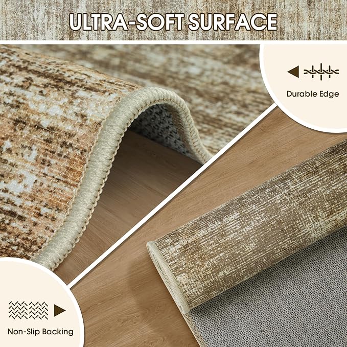 Washable Rug 6x9 Area Rugs, Abstract Large Living Room Rugs with Non-Slip Backing, Thin Carpet for Dorm Dining Room Table Nursery Indoor Home Office-Brown