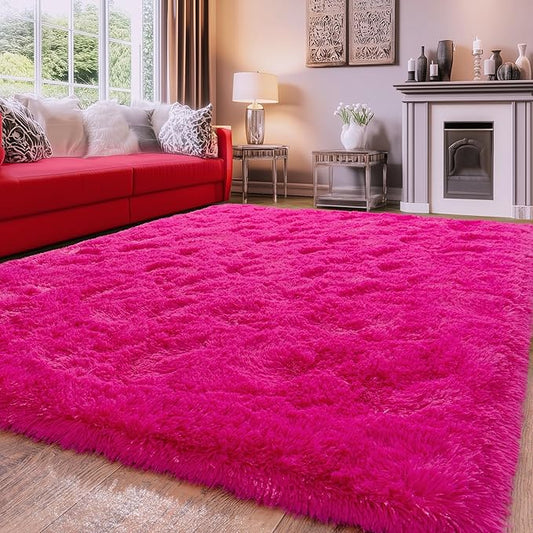 Hot Red Fluffy Rug for Bedroom 8x10 ft Large - Ultra Soft & Non Slip Shaggy Area Rug, Comfy Durable Carpet for Living Room Kids Room Teens Dorm Home Decor, 1.7'' Thick Indoor Plush Carpets