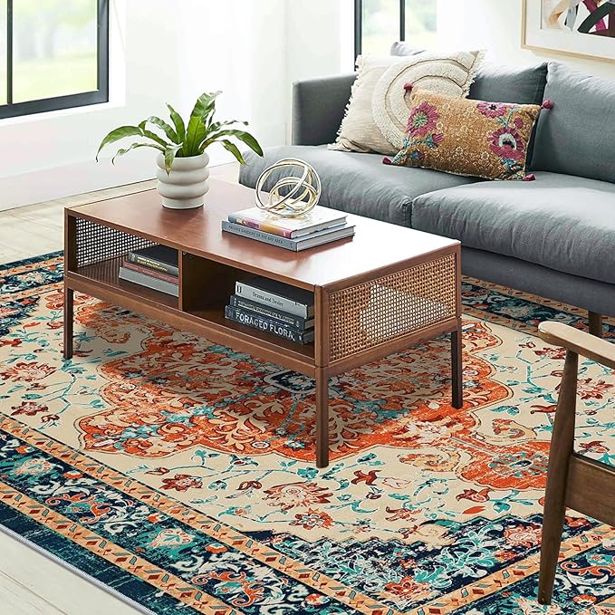 U'Artlines Boho Vintage Area Rug 5x7 Machine Washable Low Pile Soft Floor Carpet Non Slip Non Shedding Accent Rug for Living Room Bedroom Entryway Dining Room Office Orange/Multi