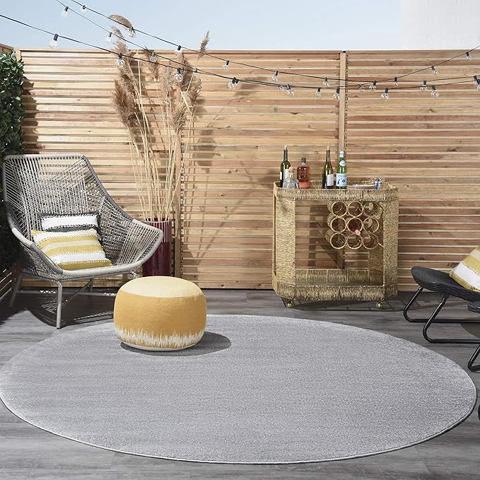Nourison Essentials Indoor/Outdoor Silver Grey 8' x Round Area Rug, Easy Cleaning, Non Shedding, Bed Room, Living Room, Dining Room, Backyard, Deck, Patio (8 Round)