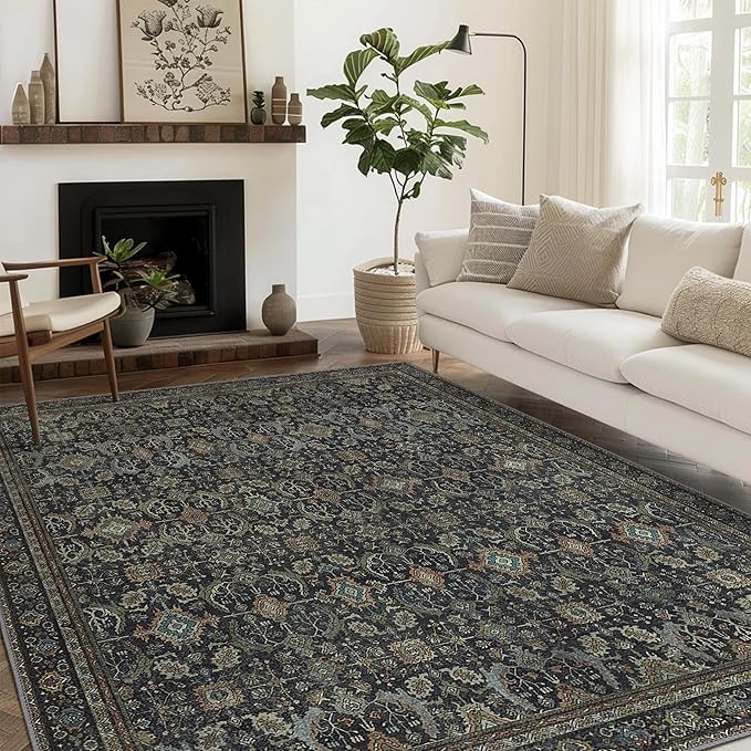 10X12 Area Rugs Machine Washable Rugs for Living Room, Vintage Boho Large Rugs for Bedroom Dining Room, Non Slip Indoor Soft Distressed Lightweight Thin Low Pile Carpet, Black