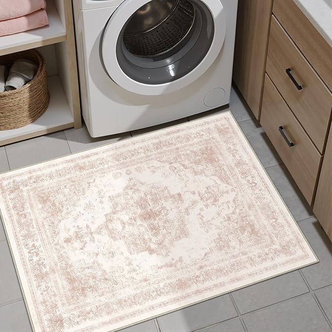 Area Rug 2x3 Washable Pink Rug Vintage Boho Medallion Entryway Door Mat Entrance Distressed Retro Carpet Non Slip Low Pile Small Soft Doormat for Kitchen Bedroom Laundry Bathroom Hallway