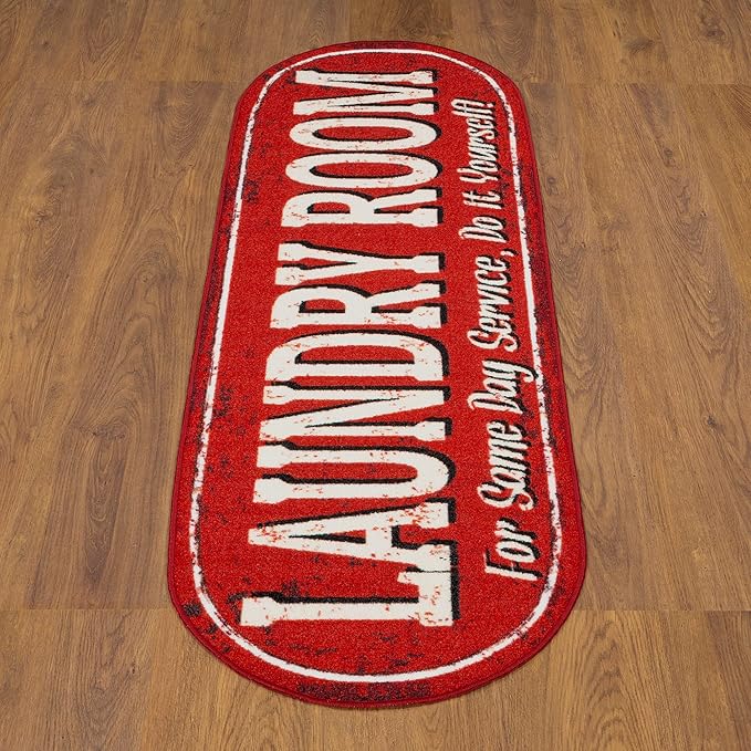 Machine Washable Text Design Laundry Room Rug Non-Slip Rubberback 2x5 Laundry Runner Rug for Laundry Room, Bathroom, Washroom, 20" x 59" Oval, Red