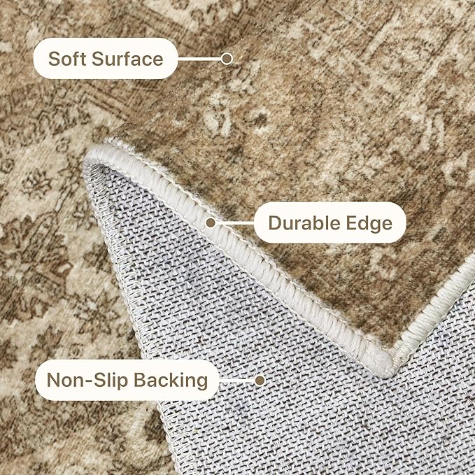 Bavni 10x14 Area Rugs for Living Room, Machine Washable Rug Non Slip, Vintage Chenille Distressed Print Carpet, Large Low Pile Ultra-Thin Lightweight Rugs for Bedroom, Dining Room, Office, Nut Brown