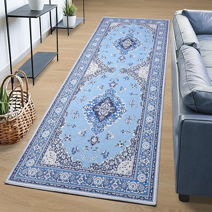 Tepook 2x6 Vintage Runner Rug - Low Pile Washable Non-Slip Carpet for Hallway, Kitchen, Bedroom, Entryway, Laundry Room, Bathroom - Indoor Throw Rug in Blue