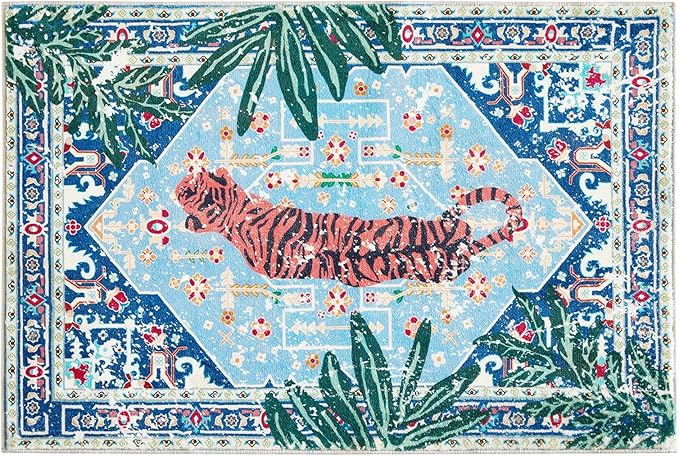 Washable Oriental Rugs Boho Vintage Tropical Jungle 5x7 Area Rugs Thin Plant Oriental Carpet for Bedroom Kitchen Dining Living Room Office Distressed Indoor Entry Floor Rug