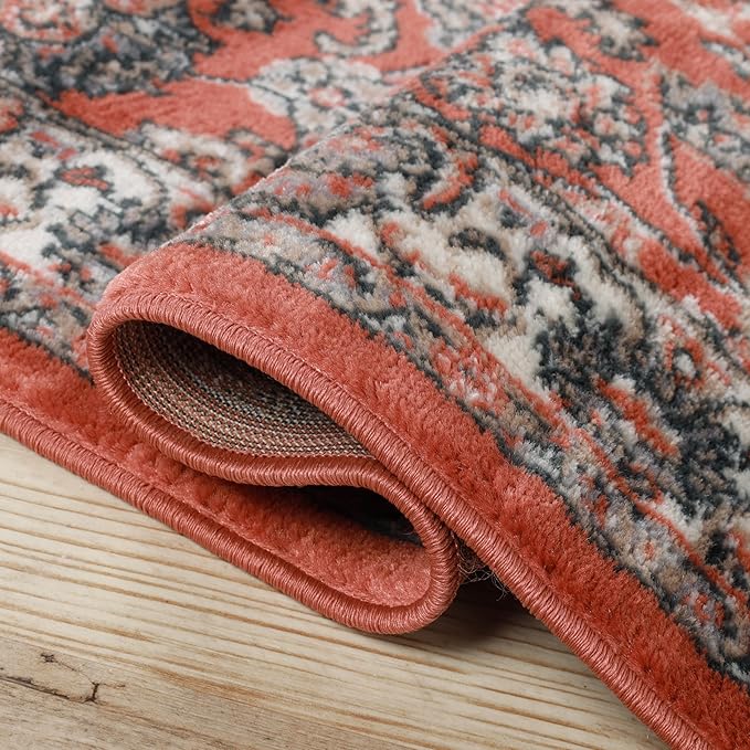 Superior Indoor Runner Rug, with Jute Backing, Chic Bordered Floor Decor for Living Room, Bedroom, Office, Entryway, Kitchen, Dining, Floral Design, Lille Collection, 2' 7" x 8', Salmon