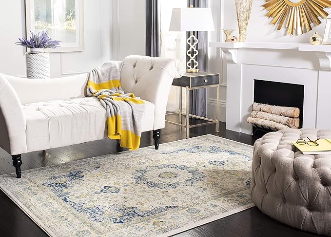 SAFAVIEH Evoke Collection X-Large Area Rug - 11' x 15', Ivory & Blue, Shabby Chic Oriental Medallion Design, Non-Shedding & Easy Care, Ideal for High Traffic Areas in Living Room, Bedroom (EVK220C)