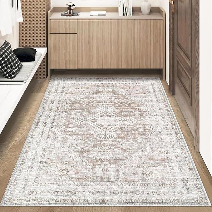 Zomfy Area Rug Vintage 3x5 Rug: Washable Indoor Rug, Traditional Oriental Medallion Rug, Non Slip Carpet for Living Room Bedroom Dining Table Kitchen(Beige, 3'x5')