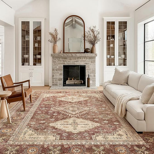 Area Rugs for Living Room 9x12 Machine Washable Rug, Vintage Large Floral Medallion Carpet for Bedroom Dining Room, Low Pile Lightweight Thin Chenille Non Slip Rug, Distressed Dull Red