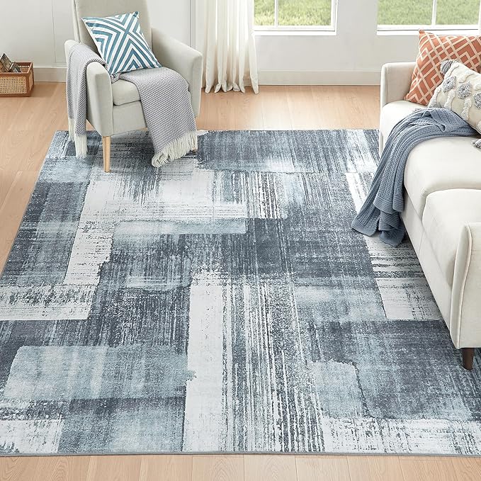 Washable Rug 5x7 Abstract Low Pile Bedroom Living Room Area Rug Modern Non Slip Lightweight Carpet for High Traffic Areas Home Dining Room, Blue&Grey