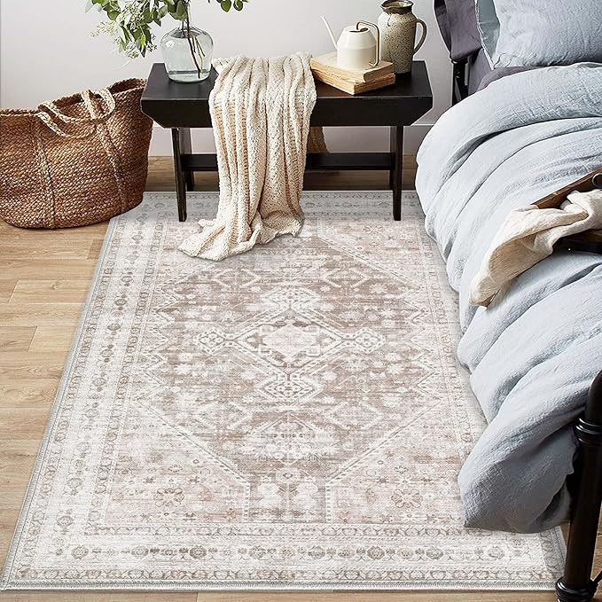 Zomfy Area Rug Vintage 4x6 Rug: Washable Indoor Rug, Traditional Oriental Medallion Rug, Non Slip Carpet for Living Room Bedroom Dining Table Kitchen(Beige, 4'x6')