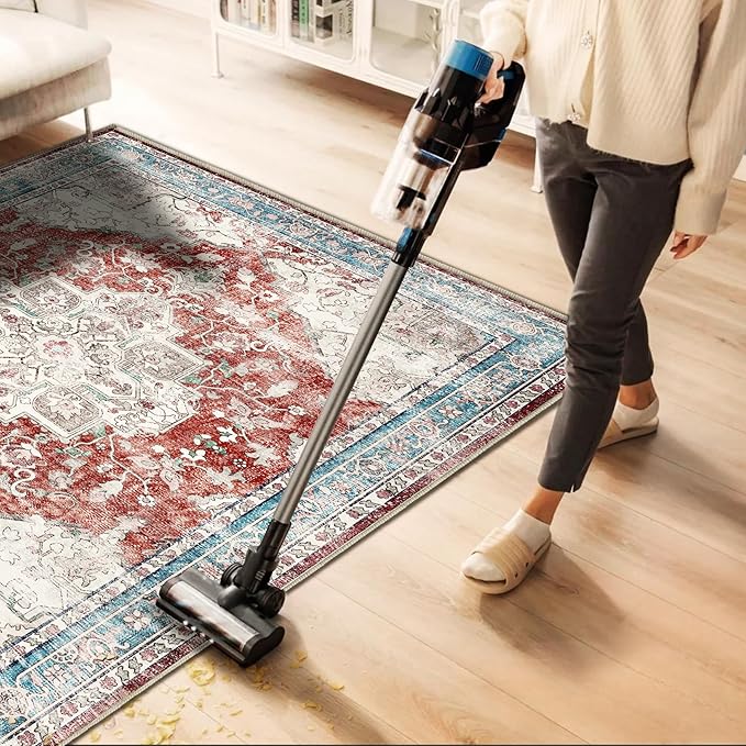 Washable Area Rug 9'x12' Red Blue Retro Flowers Boho Design Non-Shedding Easy Care Ideal for High Traffic Areas in Living Room Bedroom Office Coffee Table Kitchen Large Carpet