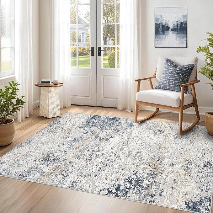 Washable Area Rug: 3x5 ft Abstract Small Rugs for Entryway Kitchen Living Room Bedroom - Non Slip Modern Neutral Carpet Indoor Front Door - Beige Blue