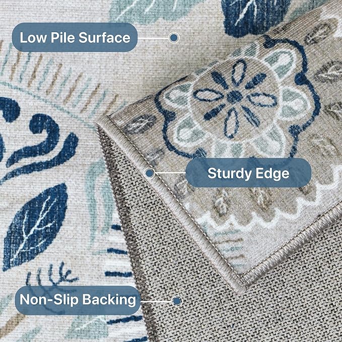 Bavni Kitchen Runner, Washable 2x12 Rugs Non Slip, Floral Thin Runners, Stain Resistant Carpet Runner for Bathroom, Bedroom, Hallway, Azure Blue/White